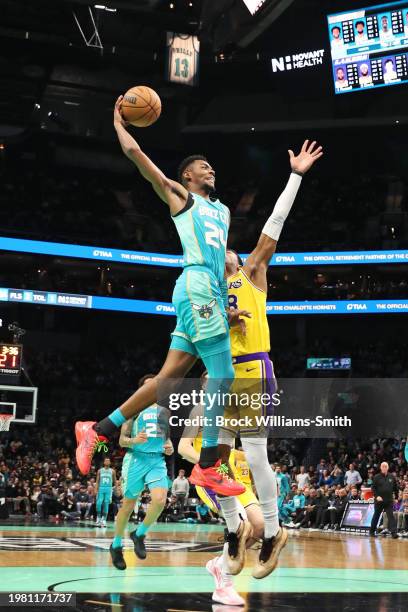 Brandon Miller of the Charlotte Hornets drives to the basket during the game against the Los Angeles Lakers on February 5, 2024 at Spectrum Center in...