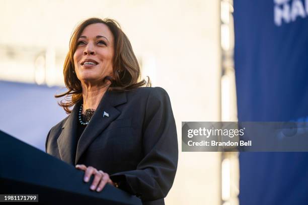 Vice President Kamala Harris speaks during a 'First In The Nation' campaign rally at South Carolina State University on February 02, 2024 in...