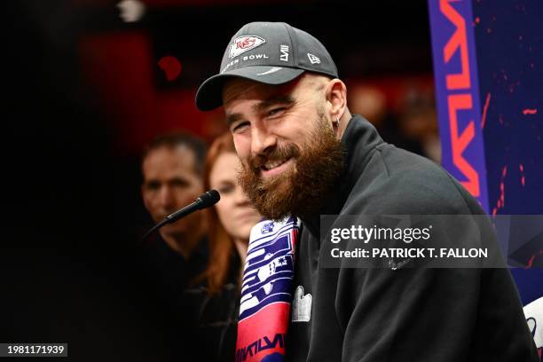 Travis Kelce of the Kansas City Chiefs speaks during Super Bowl LVIII Opening Night at Allegiant Stadium in Las Vegas, Nevada on February 5, 2024.