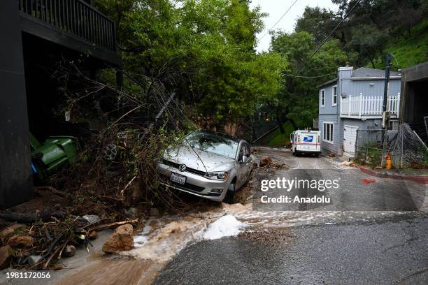 View of a vehicle stuck in a mud in Beverly Crest neighborhood, as atmospheric river storms hit Los Angeles, California, United States on February 5,...
