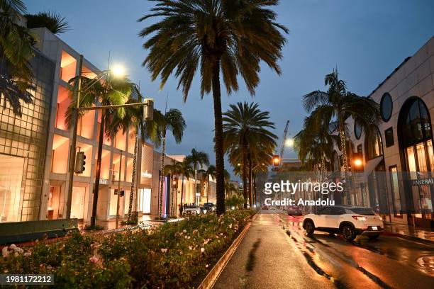 View of Rodeo Drive in Beverly Hills, as atmospheric river storms hit Los Angeles, California, United States on February 5, 2024.