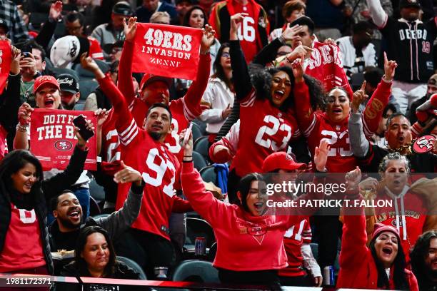 San Francisco 49ers fans cheer during Super Bowl LVIII Opening Night at Allegiant Stadium in Las Vegas, Nevada on February 5, 2024.