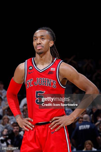 St. John's Red Storm guard Daniss Jenkins looks on during a college basketball game against the Xavier Musketeers on January 31, 2024 at Cintas...