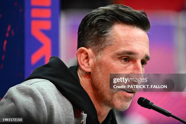 San Francisco 49ers head coach Kyle Shanahan speaks to the media during Super Bowl LVIII Opening Night at Allegiant Stadium in Las Vegas, Nevada on...