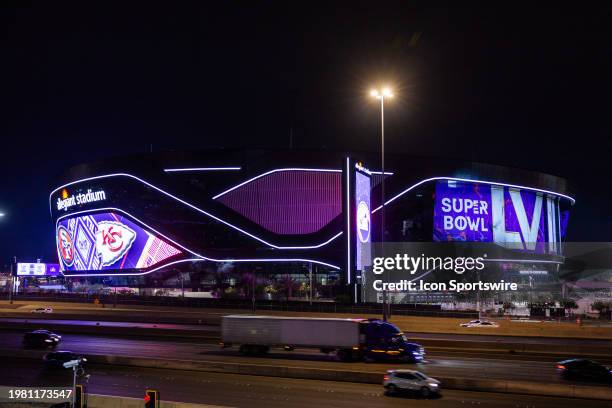 General view of Allegiant Stadium at night after the Super Bowl LVIII Opening Night presented by Gatorade featuring the AFC Champion Kansas City...