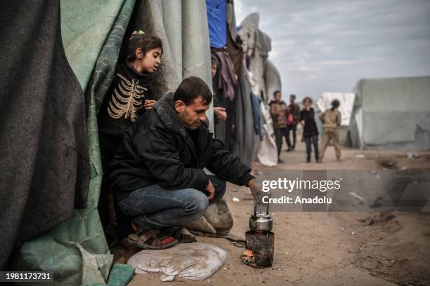 Palestinians, trying to live in makeshift tents they set up, are viewed in Rafah, Gaza on February 5, 2024. Thousands of Palestinians who fled the...