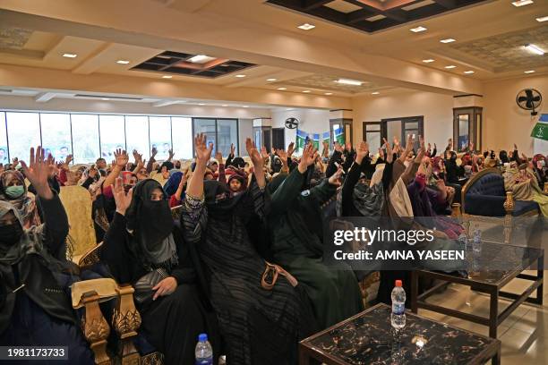 This photograph taken on January 30, 2024 shows supporters of YouTuber Zeba Waqar, an election candidate of the Jamaat-e-Islami , a right-wing party...