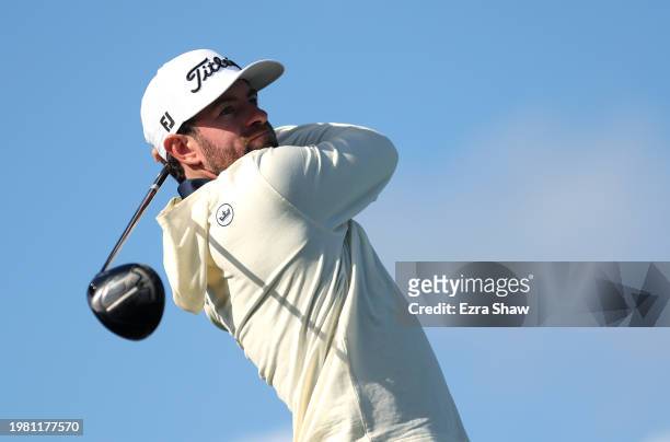 Cameron Young of the United States plays his shot from the ninth tee during the second round of the AT&T Pebble Beach Pro-Am at Pebble Beach Golf...