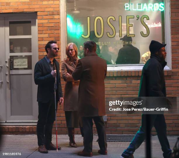 Charlie Cox and Deborah Ann Woll are seen on the set of 'Daredevil: Born Again' on February 05, 2024 in New York City.