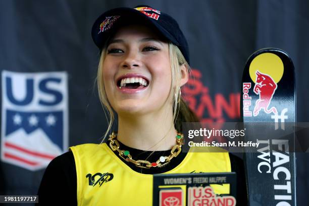 Eileen Ailing Gu of China looks on from the podium after finishing second place in the Women's Freeski Halfpipe competition of the Toyota U.S. Grand...