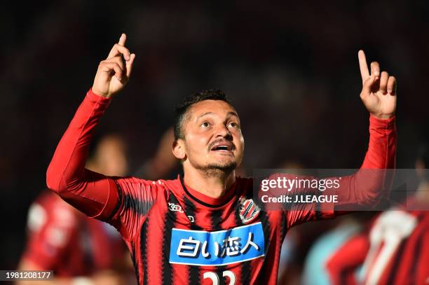 Diego Macedo of Consadole Sapporo celebrates after scoring the team's second goal during the J.League YBC Levain Cup Group A match between Hokkaido...