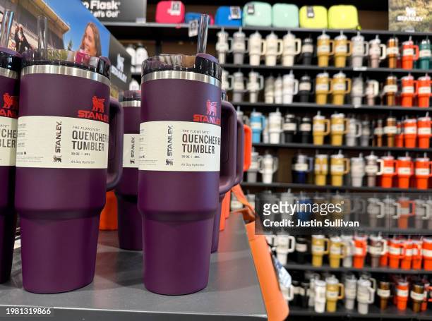 Stanley tumblers are displayed on a shelf at a Dick's Sporting Goods store on February 02, 2024 in Daly City, California. The wildly popular Stanley...