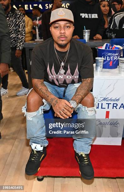 Rapper Bow Wow attends the game between the Phoenix Suns and Atlanta Hawks at State Farm Arena on February 02, 2024 in Atlanta, Georgia. NOTE TO...