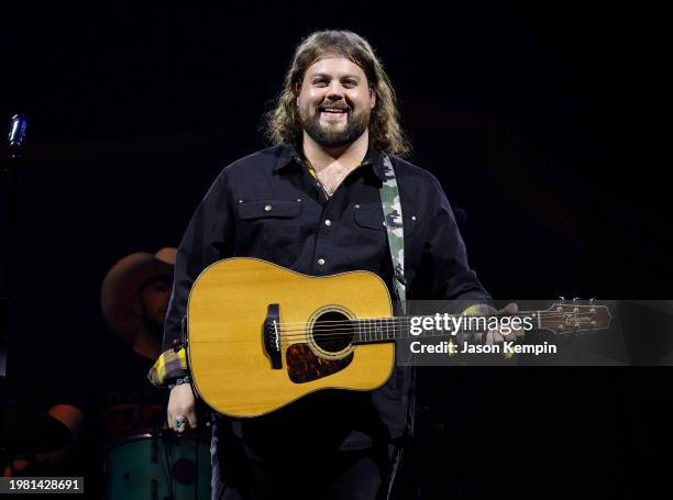 Dillon Carmichael performs at Bridgestone Arena on February 02, 2024 in Nashville, Tennessee.