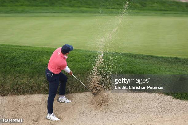 Denny McCarthy of the United States plays a shot from a bunker on the third hole during the second round of the AT&T Pebble Beach Pro-Am at Spyglass...