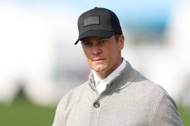 Former NFL quarterback Tom Brady looks on during the second round of the AT&T Pebble Beach Pro-Am at Pebble Beach Golf Links on February 02, 2024 in...