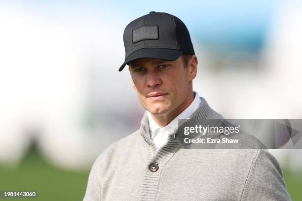 Former NFL quarterback Tom Brady looks on during the second round of the AT&T Pebble Beach Pro-Am at Pebble Beach Golf Links on February 02, 2024 in...