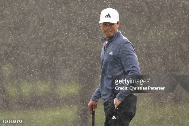 Brandon Wu of the United States looks on from the first hole during the second round of the AT&T Pebble Beach Pro-Am at Spyglass Hill Golf Course on...