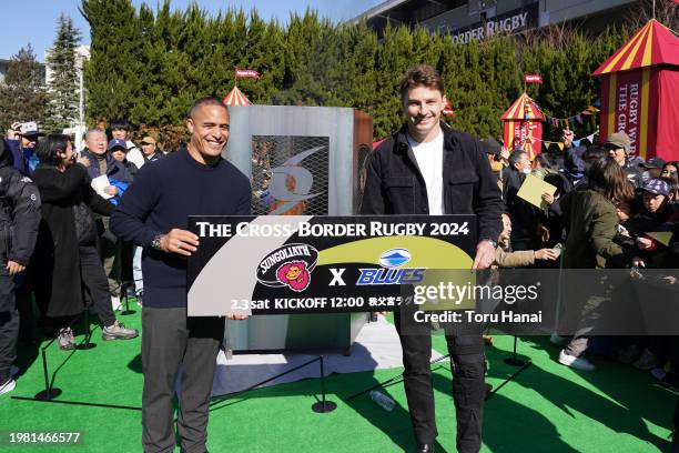 Aaron Smith and Beauden Barrett of Toyota Verblitz attend a fan event prior to the preseason match between Tokyo Suntory Sungoliath and Blues at...