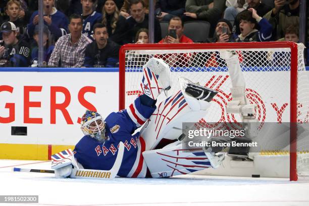 Igor Shesterkin of the New York Rangers makes a save against Mathew Barzal in the Honda NHL One-on-One during 2024 NHL All-Star Skills Competition at...