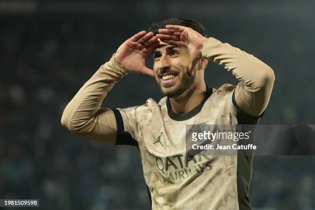 Marco Asensio of PSG celebrates his goal during the Ligue 1 Uber Eats match between RC Strasbourg Alsace and Paris Saint-Germain at Stade de la...