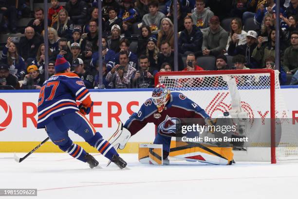 Connor Mcdavid of the Edmonton Oilers competes in the Honda NHL One-on-One against Alexandar Georgiev of the Colorado Avalanche during 2024 NHL...