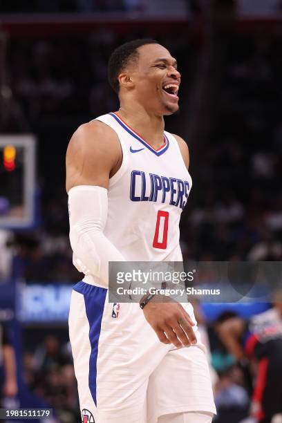Russell Westbrook of the LA Clippers reacts after scoring his 25,000th career point in the second half against the Detroit Pistons at Little Caesars...