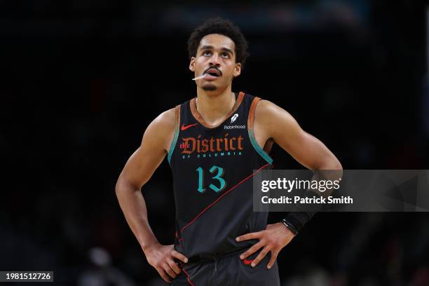 Jordan Poole of the Washington Wizards reacts against the Miami Heat during the second half at Capital One Arena on February 2, 2024 in Washington,...