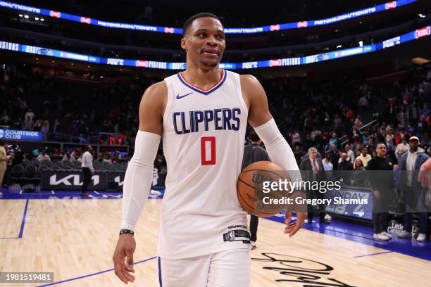 Russell Westbrook of the LA Clippers leaves the court after scoring his 25,000th career point and beating the Detroit Pistons 136-125 at Little...
