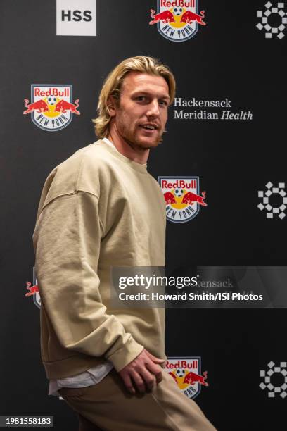 New York Red Bulls designated player Emil Forsberg is introduced during a press conference at Red Bull Arena on February 2, 2024 in Harrison, New...