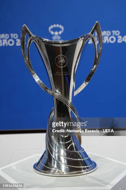 View of the trophy ahead of the UEFA Women's Champions League 2023/24 Quater-finals and Semi-finals Draw at the UEFA Headquarters, The House of the...