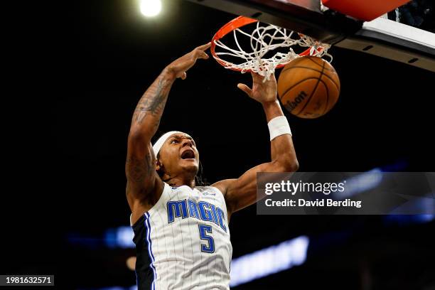 Paolo Banchero of the Orlando Magic dunks the ball against the Minnesota Timberwolves in the third quarter at Target Center on February 02, 2024 in...