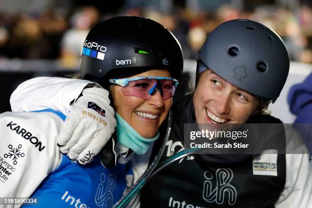 Danielle Scott and Abbey Willcox of Team Australia celebrate their second and third place finishes after the super final of the Women's Aerials...