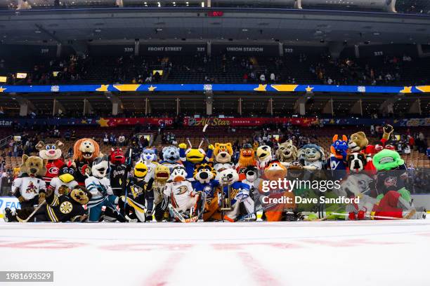Mascots pose for a group photo after competing in the NHL mascots game during the 2024 NHL All-Star Skills Competition at Scotiabank Arena on...
