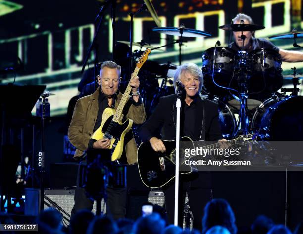 Bruce Springsteen and Jon Bon Jovi perform onstage during 2024 MusiCares Person Of The Year Honoring Jon Bon Jovi at Los Angeles Convention Center on...