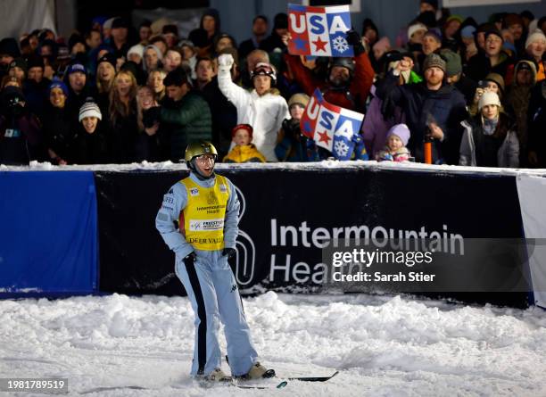 Winter Vinecki of Team United States reacts after her run during the final of the Women's Aerials Competition at the Intermountain Healthcare...