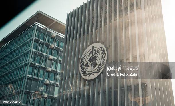 View of the logo of the World Health Organization on a building at its headquarters on September 13, 2021 in Geneva, Switzerland.