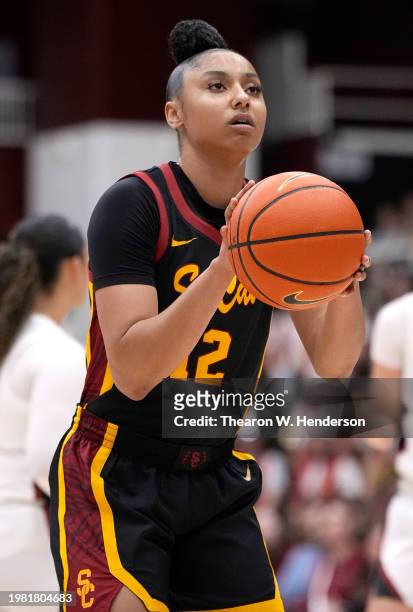 JuJu Watkins of the USC Trojans looks to shoot a foul shot against the Stanford Cardinal in the first quarter at Stanford Maples Pavilion on February...