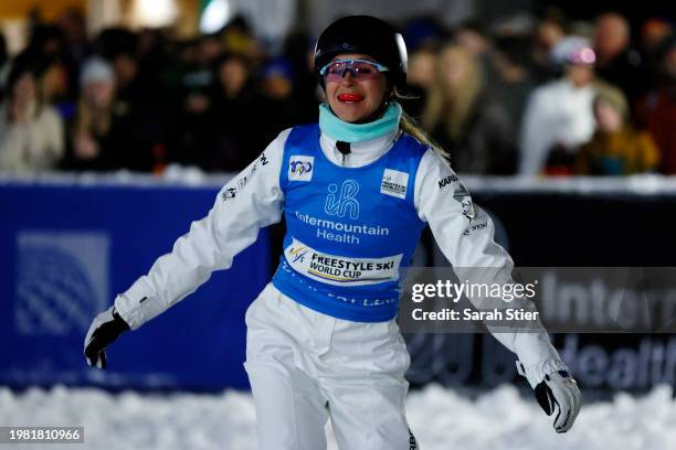 Danielle Scott of Team Australia reacts after her run during the super final of the Women's Aerials Competition at the Intermountain Healthcare...