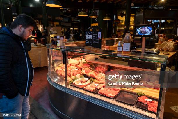 Butchers stall Borough Market on 16th January 2024 in London, United Kingdom. Borough Market is a retail food market and farmers market in Southwark....