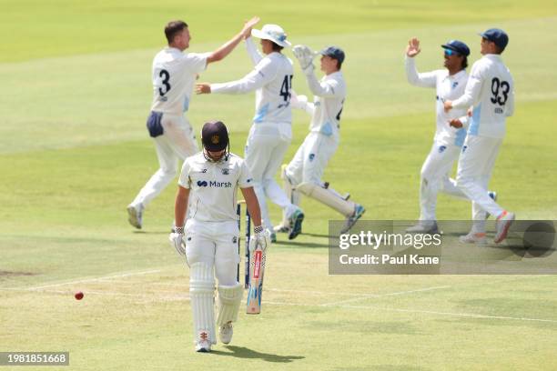 Jayden Goodwin of Western Australia walks from the field after being dismissed by Jackson Bird of New South Wales during the Sheffield Shield match...