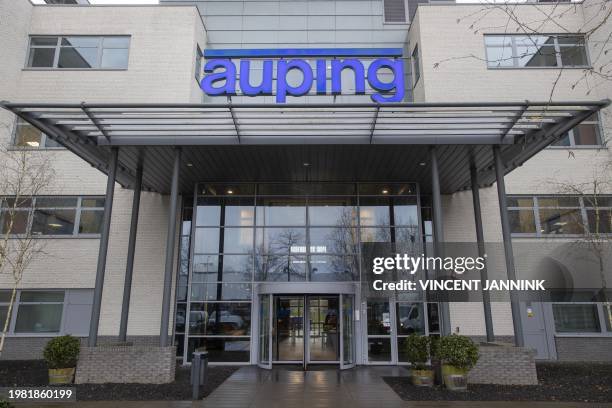 The Auping logo is seen on the facade of the head office in Deventer on February 6 which creates circular mattresses. / Netherlands OUT / DEVENTER -...