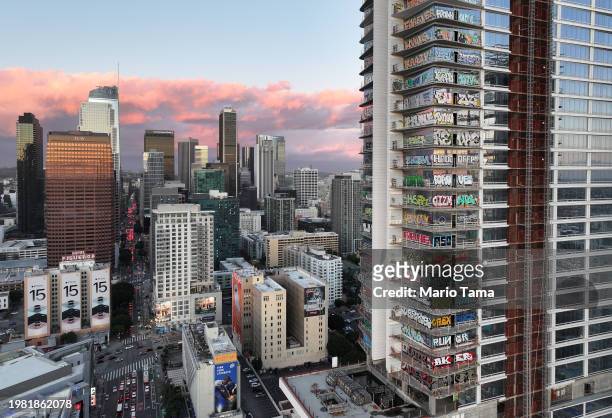 An aerial view of graffiti spray painted by taggers on at least 27 stories of an unfinished skyscraper development located downtown on February 2,...