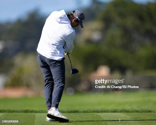 Aaron Rodgers teeing off on hole during the second round of the 2024 AT&T Pebble Beach Pro-Am at Pebble Beach Golf Links on February 2, 2024 in...