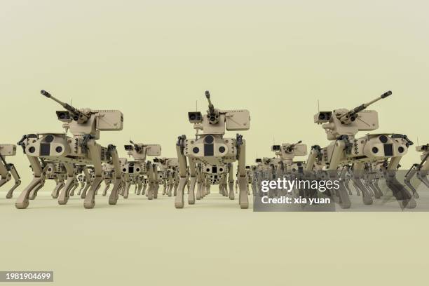 pattern of robot dogs with a machine gun - sneaky robot stock pictures, royalty-free photos & images