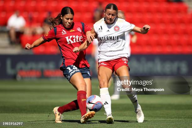 Ella Tonkin of Adelaide United contests with Sophie Harding of Western Sydney Wanderers during the A-League Women round 15 match between Adelaide...