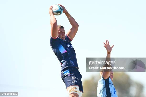 Josh Canham of the Rebels wins a line out during the Super Rugby Pacific Trial Match between Melbourne Rebels and NSW Waratahs at Harold Caterson...