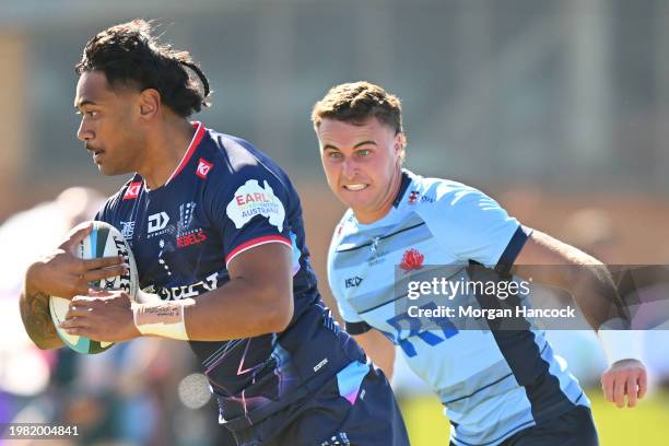 Daniel Maiava of the Rebels runs on the way to scoring a try during the Super Rugby Pacific Trial Match between Melbourne Rebels and NSW Waratahs at...