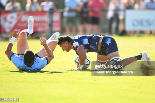 Daniel Maiava of the Rebels scores a try during the Super Rugby Pacific Trial Match between Melbourne Rebels and NSW Waratahs at Harold Caterson...