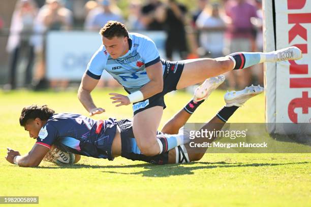 Daniel Maiava of the Rebels scores a try during the Super Rugby Pacific Trial Match between Melbourne Rebels and NSW Waratahs at Harold Caterson...